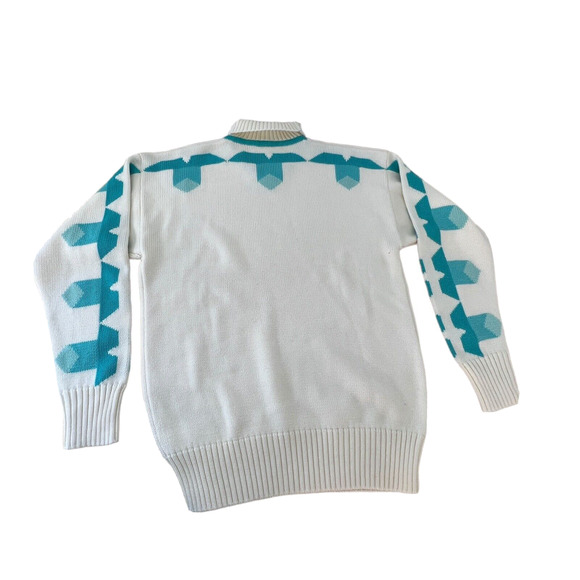 Vintage Meister Wool Blend White Turtleneck Sweater Aqua Geometric‎ Pattern Lg - Picture 10 of 11